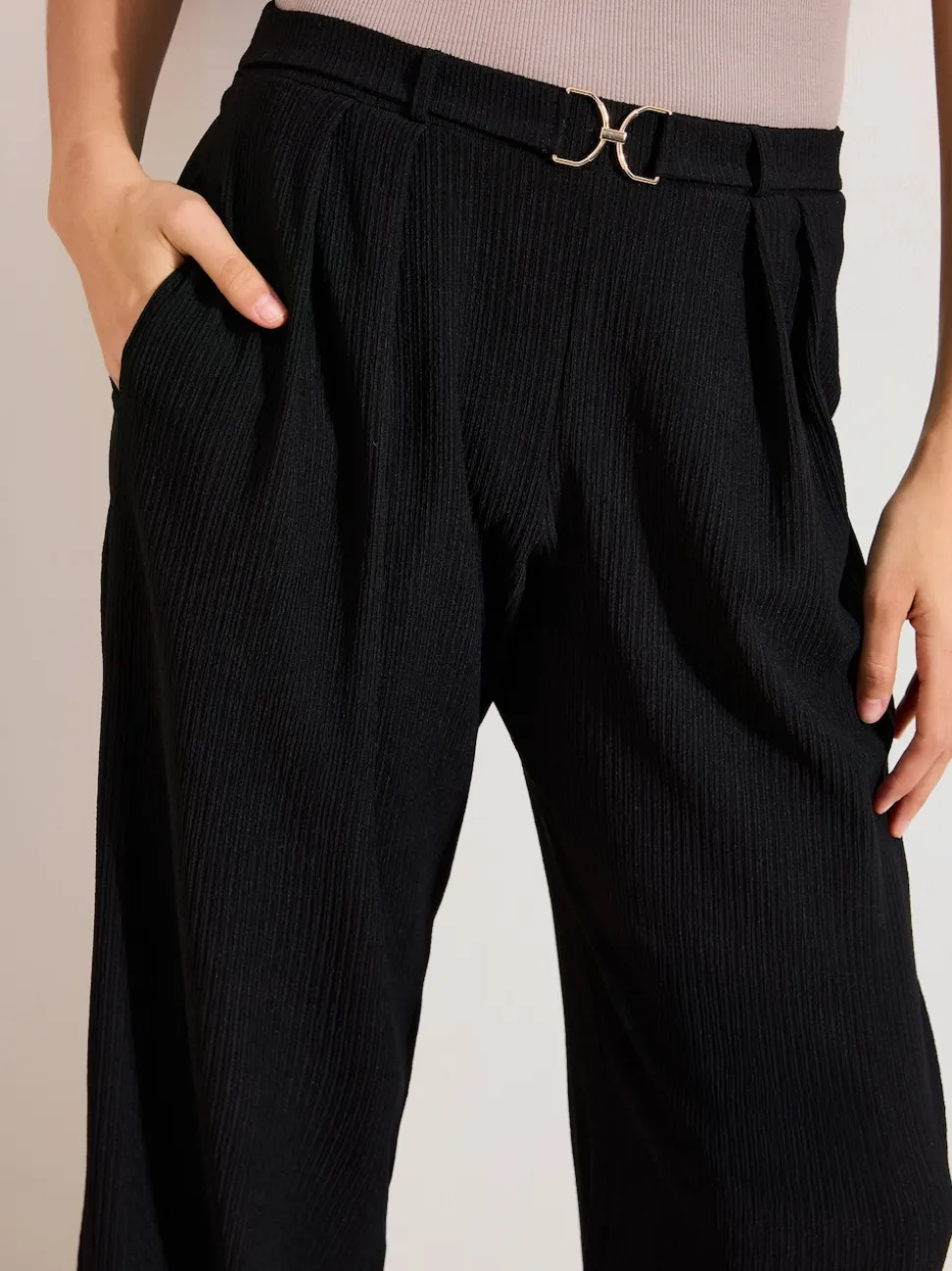 Friends Like These Black Crinkle Jersey Wide Leg Trousers with Buckle Front