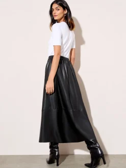 Friends Like These Black Petite Faux Leather Midi Skirt