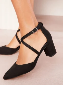 Friends Like These Black Standard Fit Block Heel Cross Strap Court Shoes