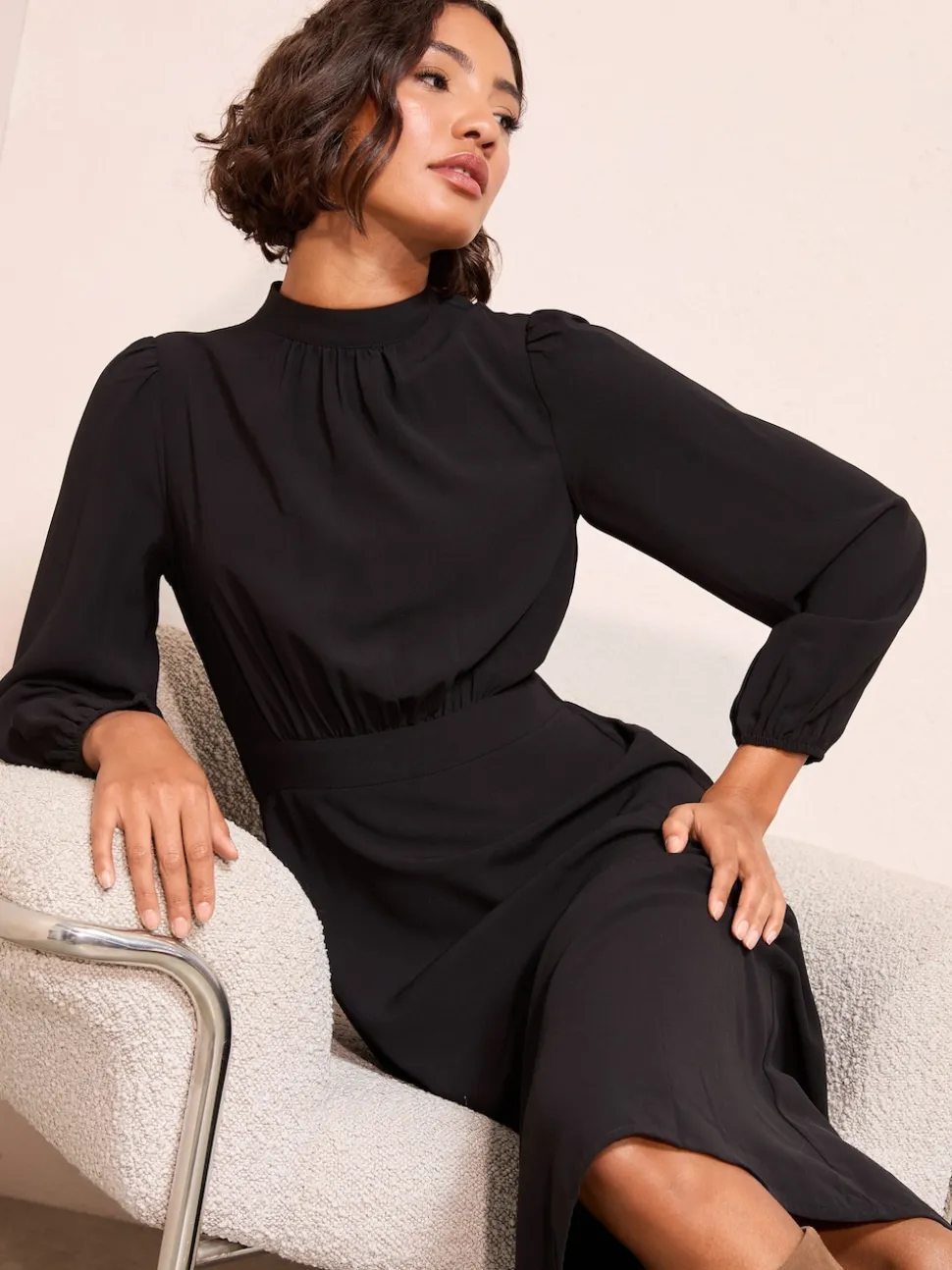 Friends Like These Black High Neck Long Sleeve Midi Dress with Bow Detailing