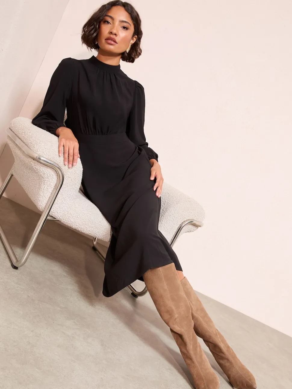 Friends Like These Black High Neck Long Sleeve Midi Dress with Bow Detailing