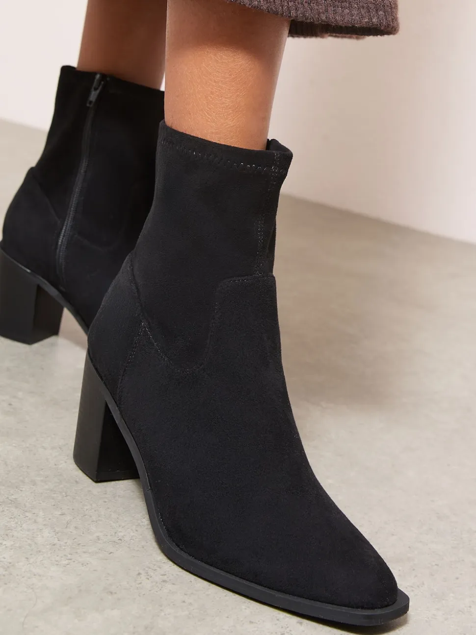 Friends Like These Black Faux Suede Mid Heel Western Style Smart Sock Ankle Boots