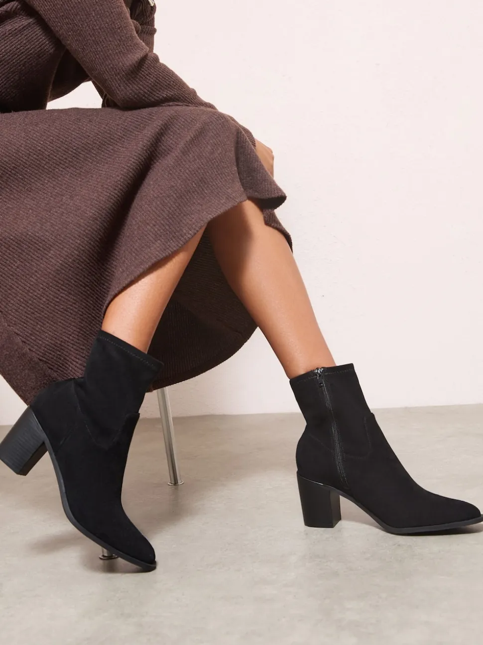 Friends Like These Black Faux Suede Mid Heel Western Style Smart Sock Ankle Boots
