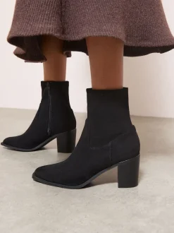 Friends Like These Black Faux Suede Mid Heel Western Style Smart Sock Ankle Boots