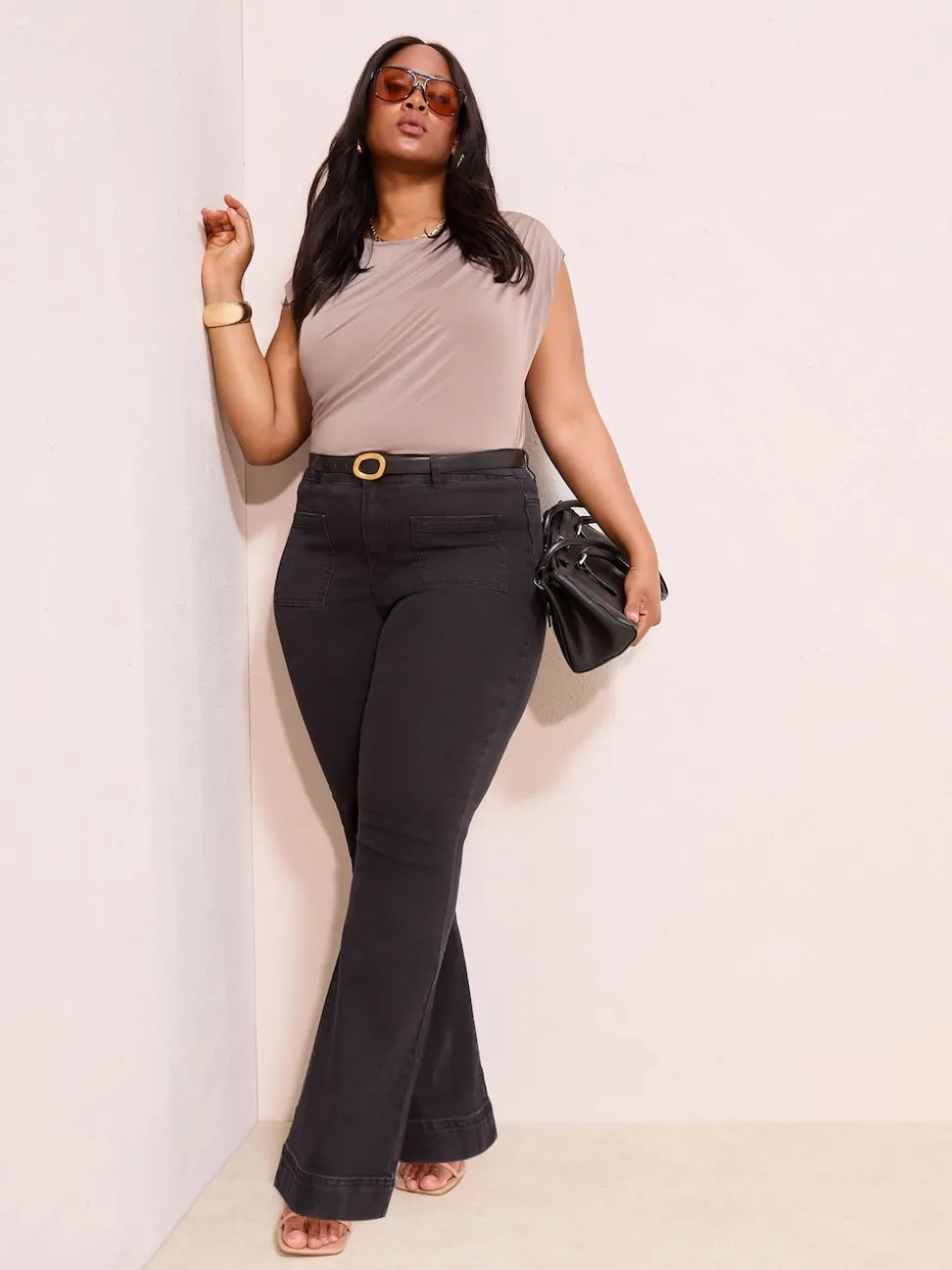 Friends Like These Black Curve High Waist Pocket Flare Jeans