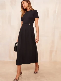 Friends Like These Black Petite Tab Detail Short Sleeve Midi Tailored Dress