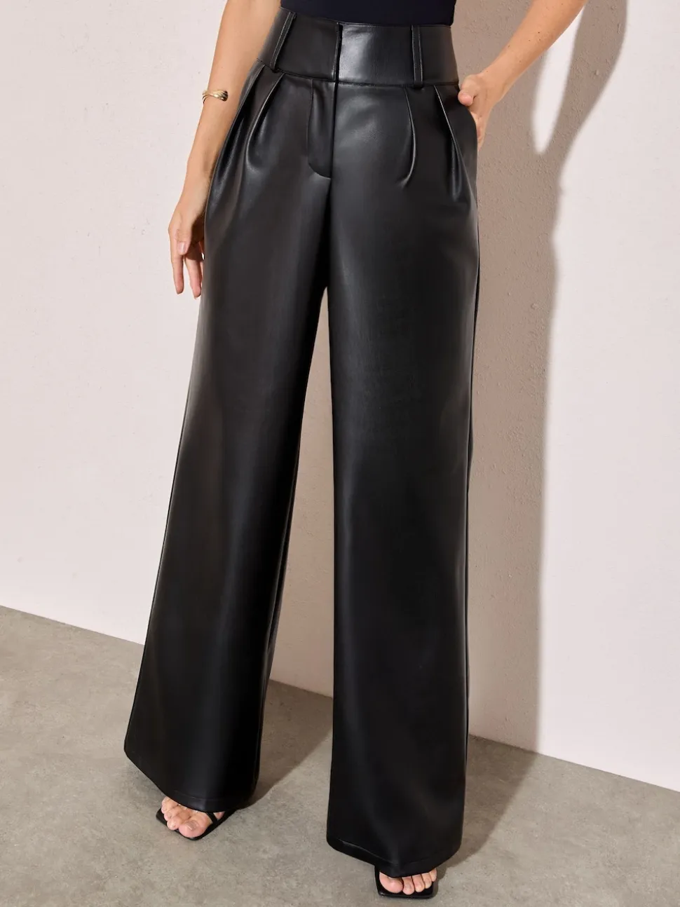 Friends Like These Black Faux Leather Pleated Wide Leg Trousers