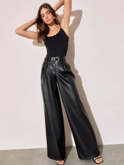 Friends Like These Black Faux Leather Pleated Wide Leg Trousers