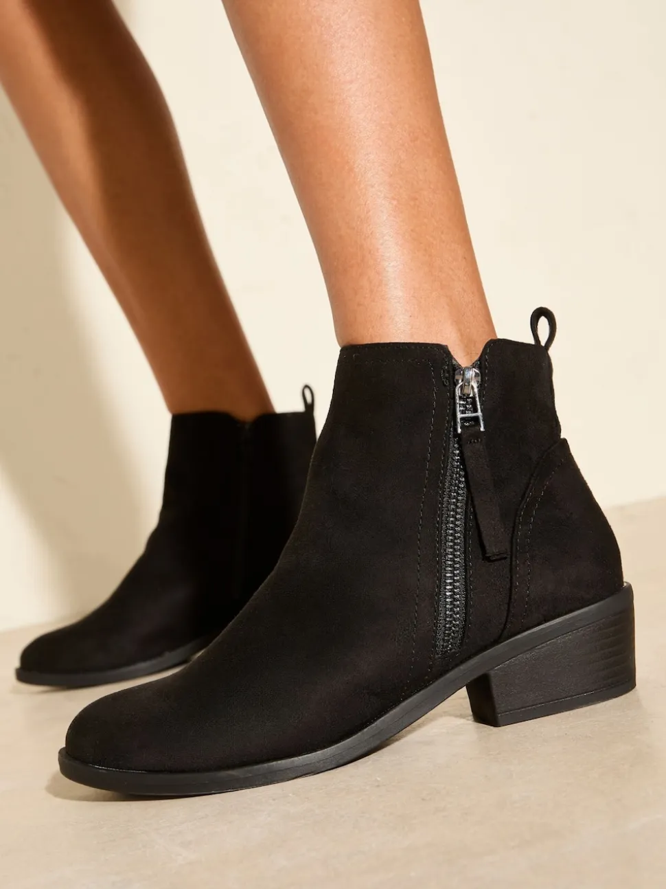 Friends Like These Black Wide Fit Mid Block Heel Side Zip Faux Suede Cuban Boots