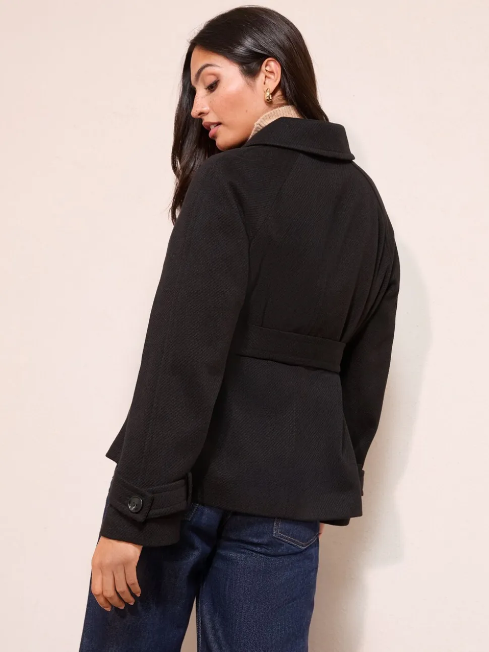 Friends Like These Black Short Belted Twill Collared Jacket