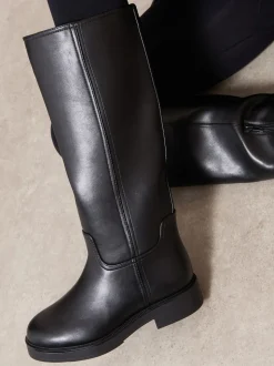 Friends Like These Black Standard fit Faux Leather Casual Flat Pull On Knee High Long Riding Boots