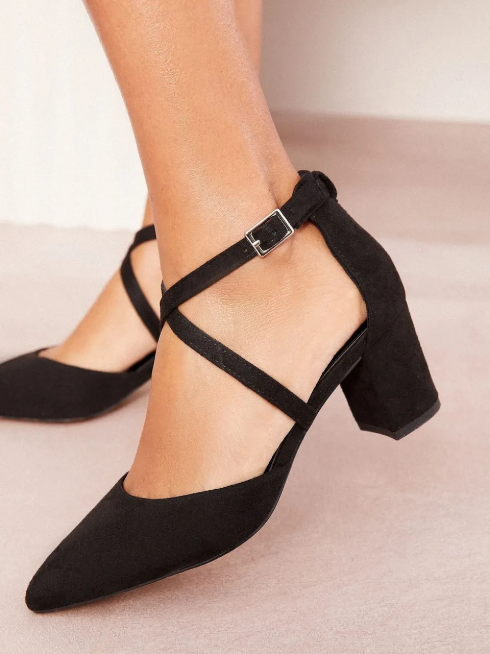 Friends Like These Black Wide Fit Block Heel Cross Strap Court Shoes