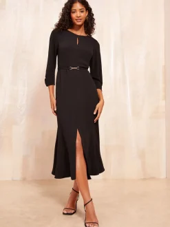 Friends Like These Black Tulip Sleeve Belted Flute Hem Dress