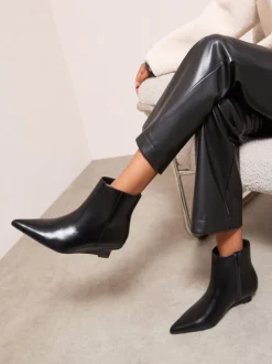 Friends Like These Black Faux Leather Low Wedge Formal Point Toe Ankle Boots