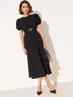 Friends Like These Black Ruched Short Sleeve Belted Midi Dress