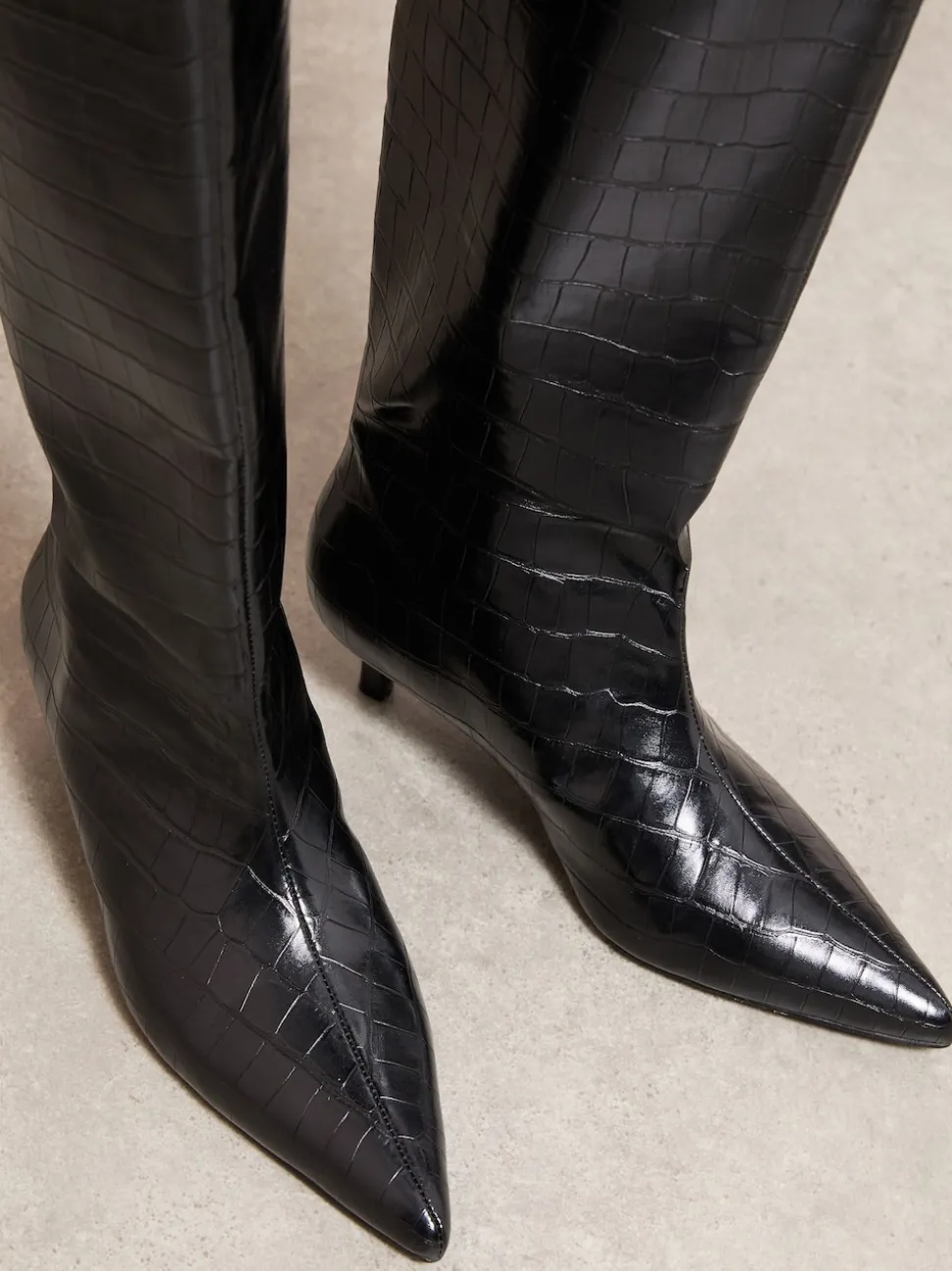 Friends Like These Black Faux Croc Leather Kitten Heel Formal Knee High Shaft Long Boots