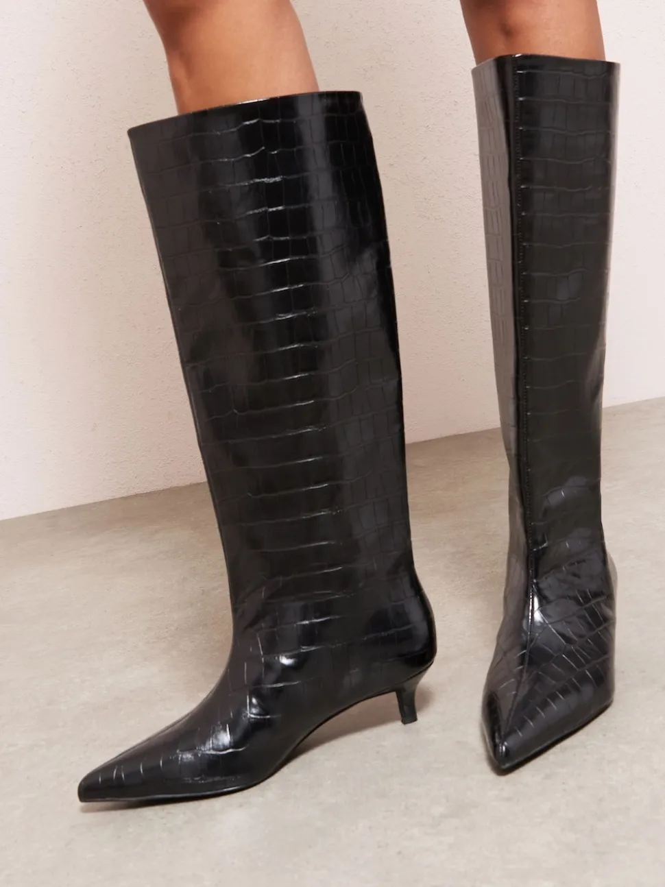 Friends Like These Black Faux Croc Leather Kitten Heel Formal Knee High Shaft Long Boots