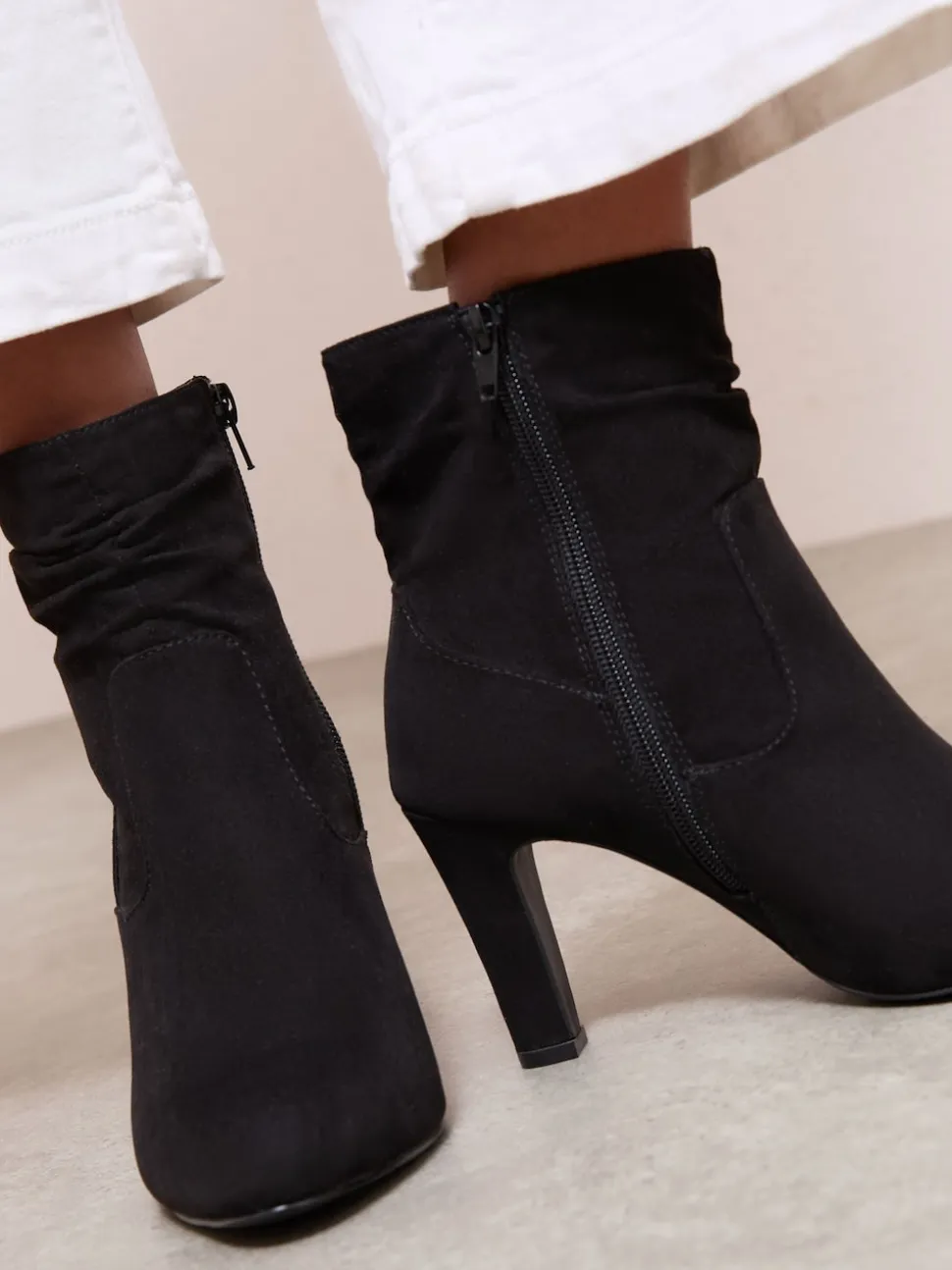 Friends Like These Black Mid Heel Ruched Faux Suede Ankle Boots