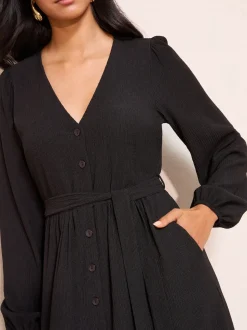 Friends Like These Black Long Sleeve Tie Waist Button Up Textured Midi Dress