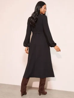 Friends Like These Black Long Sleeve Tie Waist Button Up Textured Midi Dress
