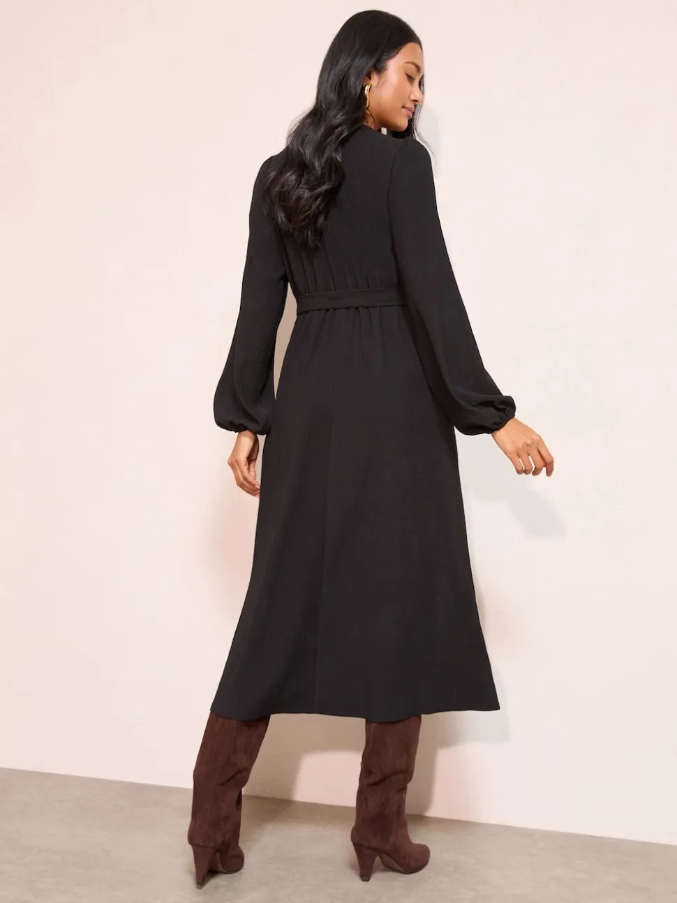 Friends Like These Black Long Sleeve Tie Waist Button Up Textured Midi Dress