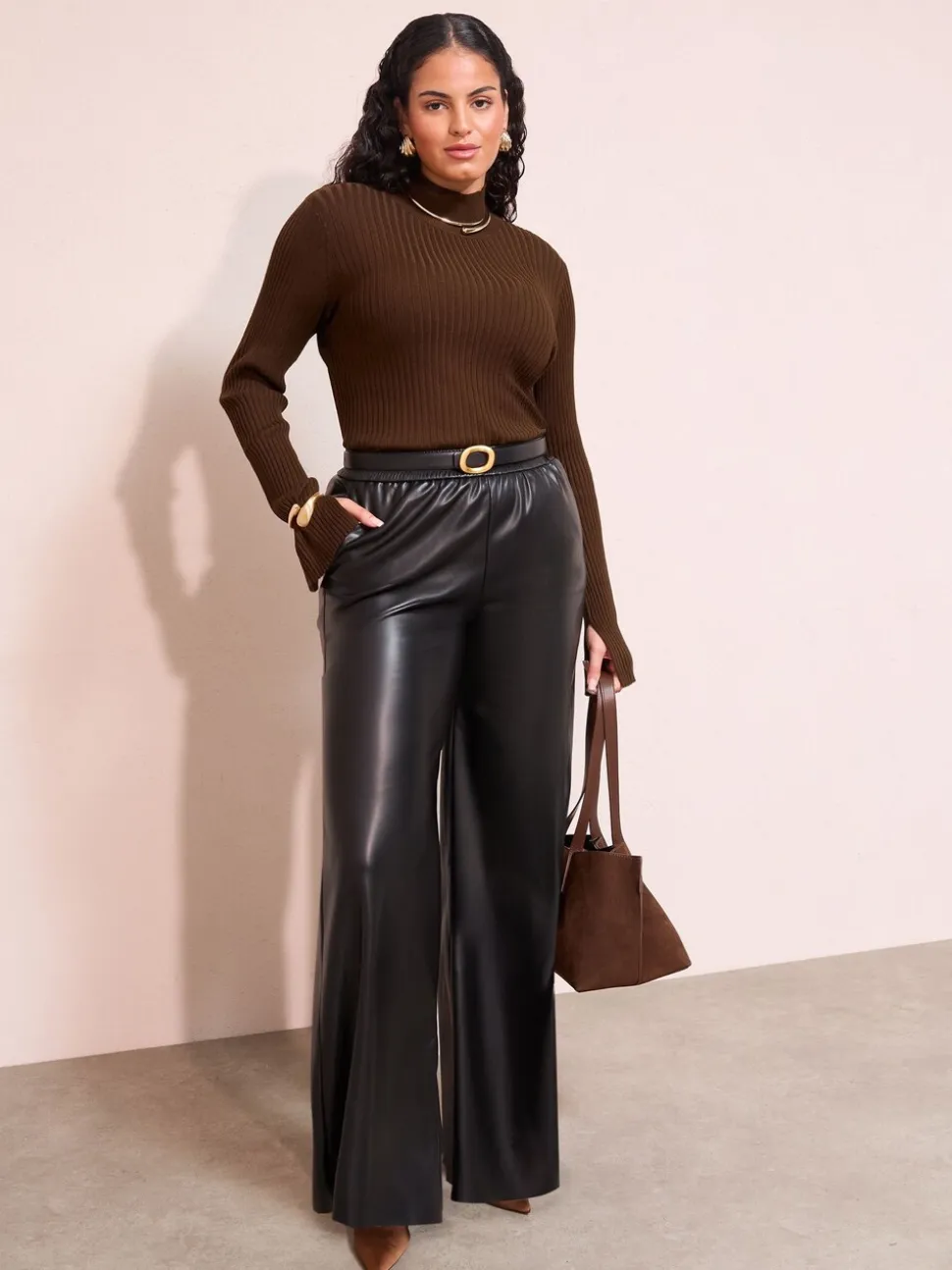 Friends Like These Black Curve Faux Leather Elasticaed Trousers