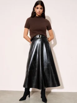 Friends Like These Black Faux Leather Belted Hem Midi Skirt