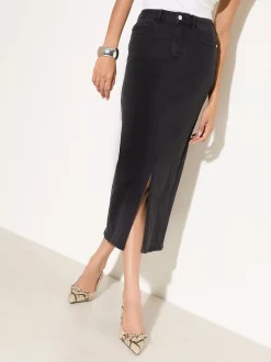 Friends Like These Black Split Front Denim Midi Skirt