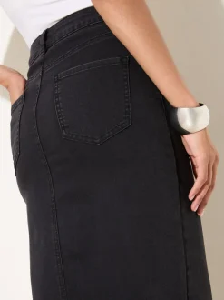 Friends Like These Black Split Front Denim Midi Skirt