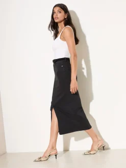 Friends Like These Black Split Front Denim Midi Skirt