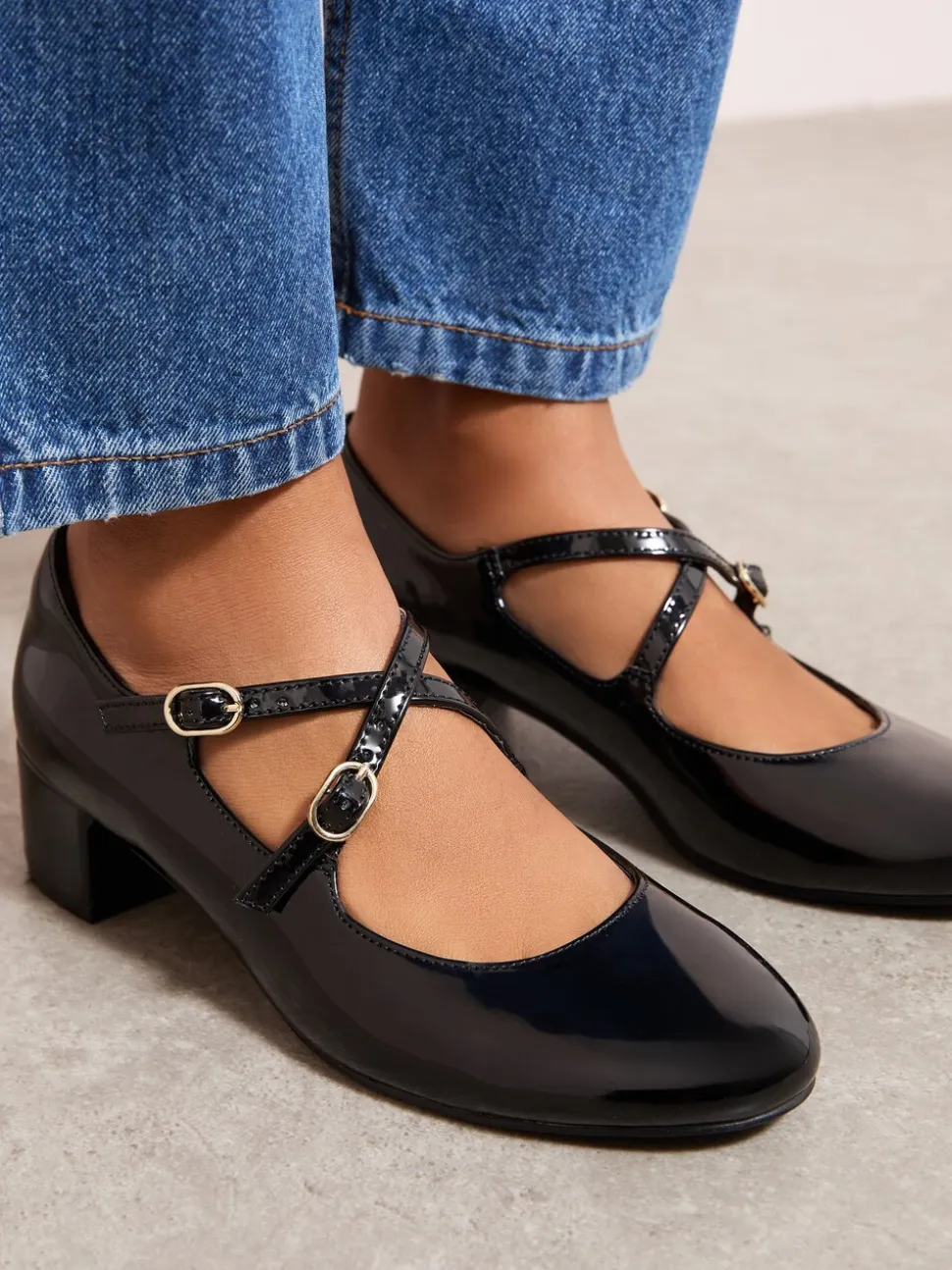 Friends Like These Black Wide Fit Faux Leather Cross Strap Low Block Heel Smart Maryjane Court Shoes
