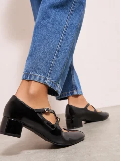 Friends Like These Black Wide Fit Faux Leather Cross Strap Low Block Heel Smart Maryjane Court Shoes