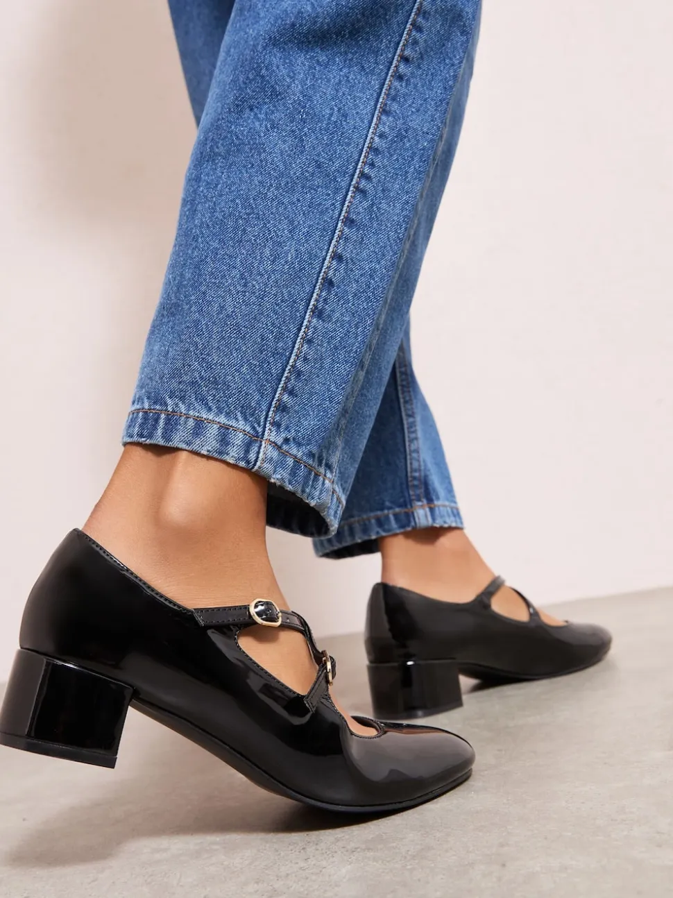 Friends Like These Black Wide Fit Faux Leather Cross Strap Low Block Heel Smart Maryjane Court Shoes