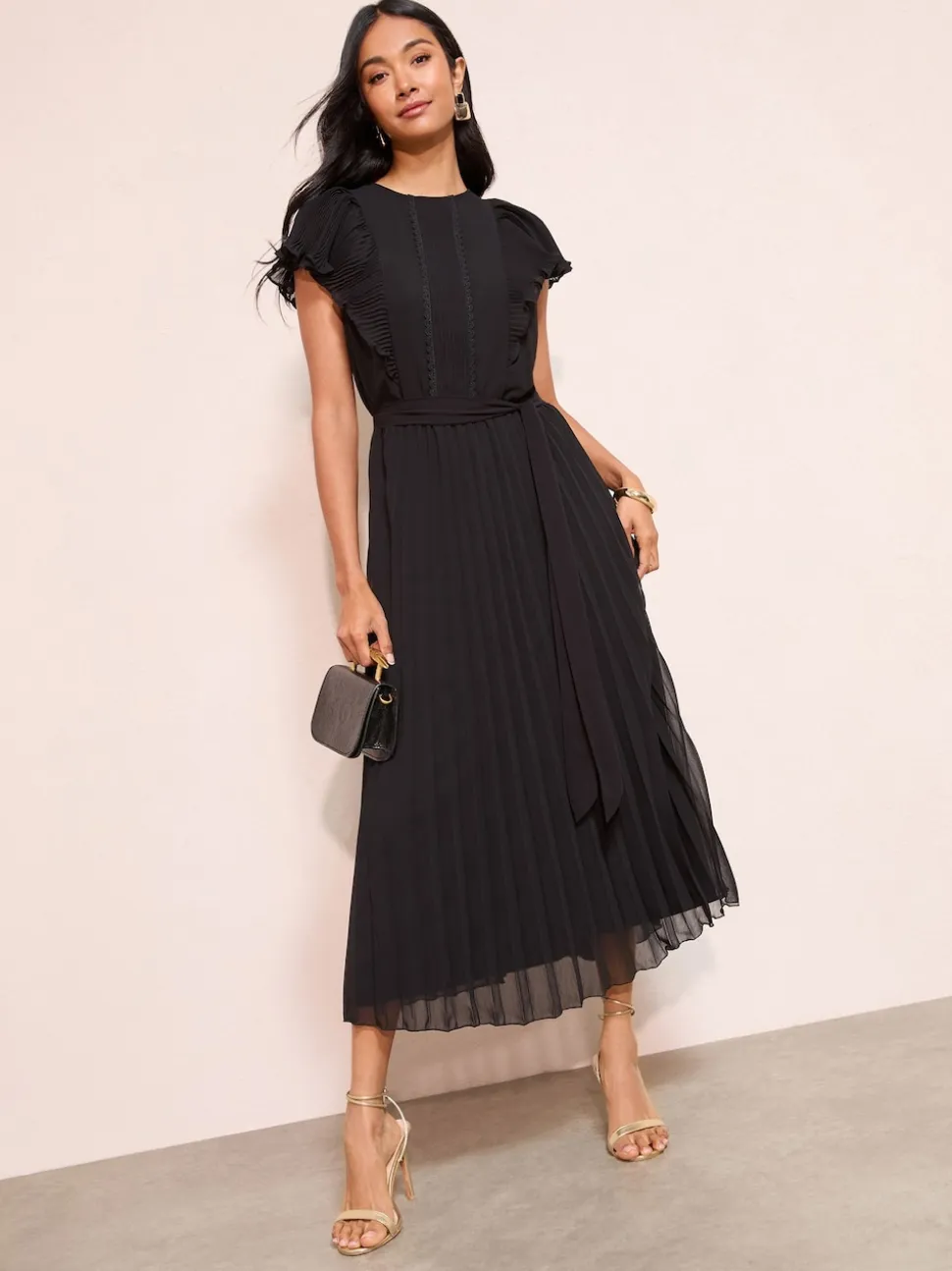 Friends Like These Black Curve Chiffon Pleated Lace Insert Midi Dress