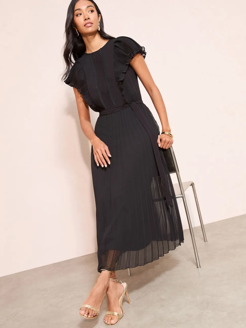 Friends Like These Black Curve Chiffon Pleated Lace Insert Midi Dress