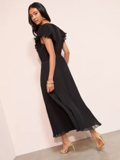 Friends Like These Black Curve Chiffon Pleated Lace Insert Midi Dress