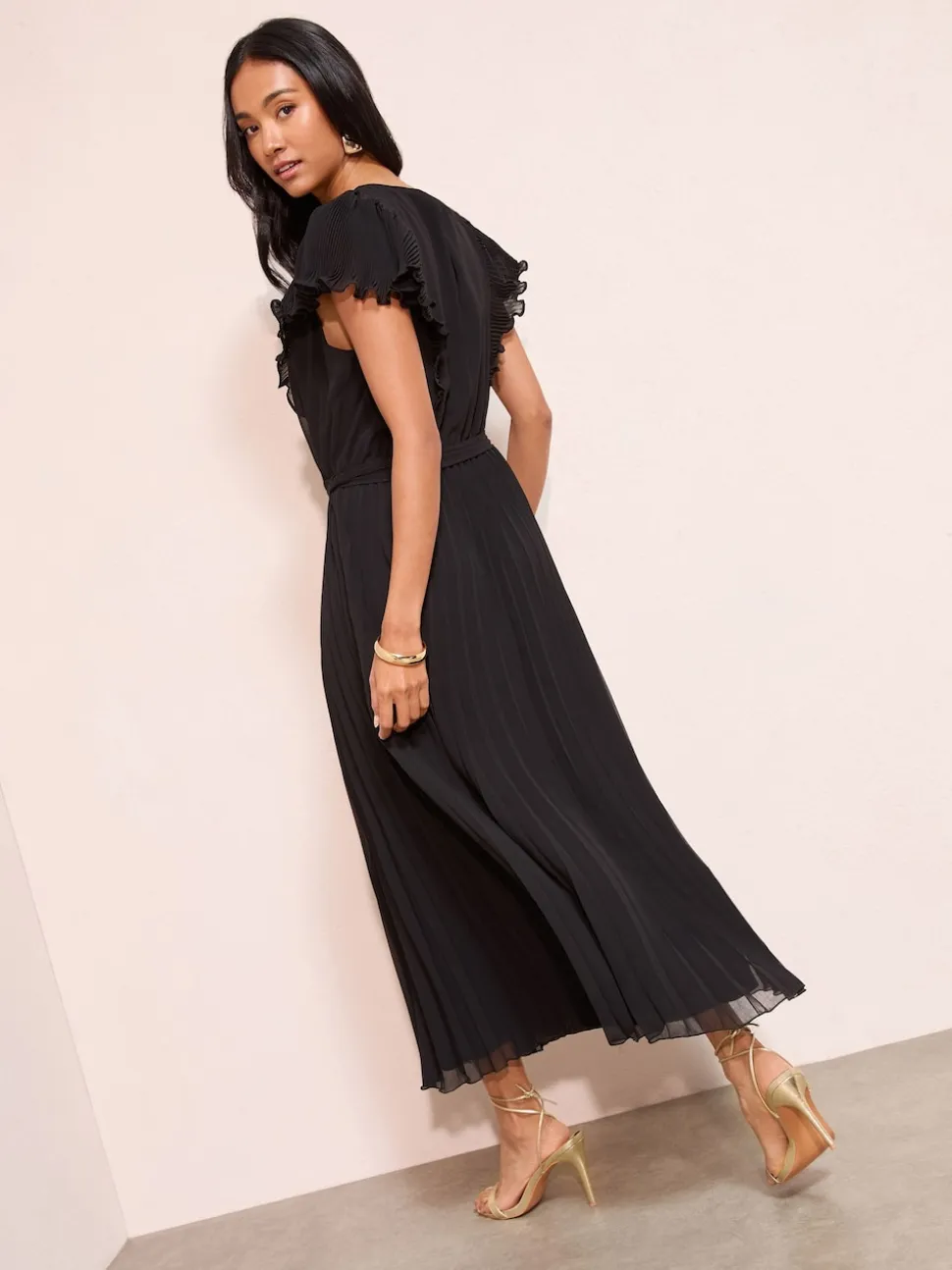 Friends Like These Black Curve Chiffon Pleated Lace Insert Midi Dress
