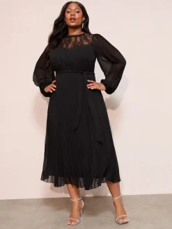Friends Like These Black Curve Lace Yoke Long Sleeve Pleated Chiffon Midi Dress