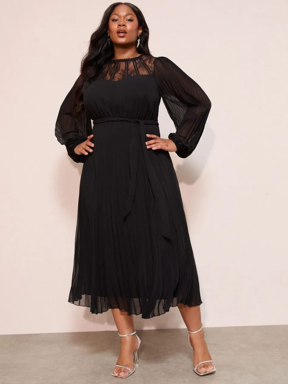 Friends Like These Black Curve Lace Yoke Long Sleeve Pleated Chiffon Midi Dress