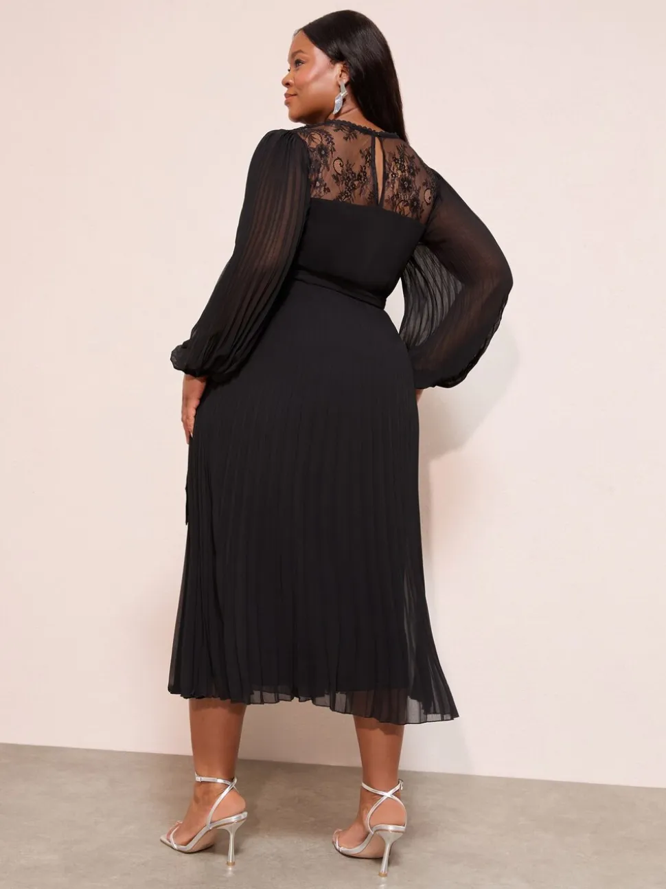 Friends Like These Black Curve Lace Yoke Long Sleeve Pleated Chiffon Midi Dress