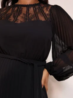 Friends Like These Black Curve Lace Yoke Long Sleeve Pleated Chiffon Midi Dress