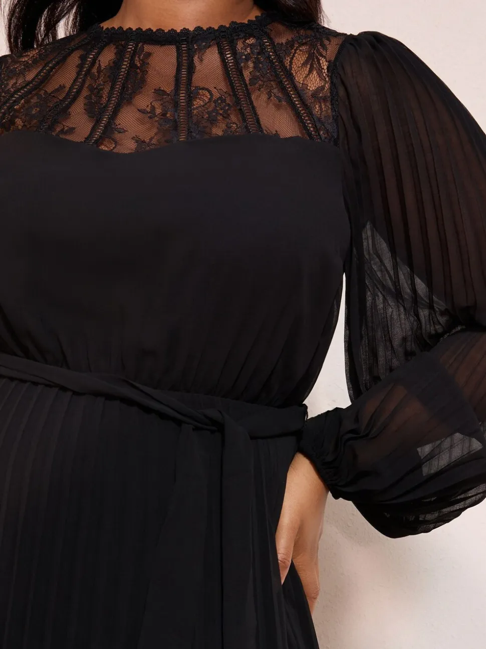 Friends Like These Black Curve Lace Yoke Long Sleeve Pleated Chiffon Midi Dress