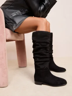 Friends Like These Black Flat Ruched Faux Suede Knee High Long Casual Boots