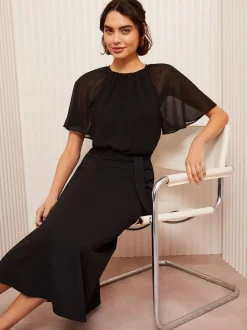 Friends Like These Black Scuba Chiffon Flutter Sleeve Midi Dress
