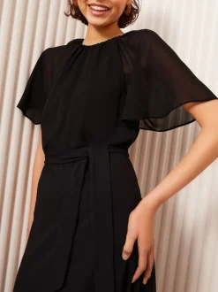 Friends Like These Black Scuba Chiffon Flutter Sleeve Midi Dress
