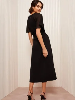 Friends Like These Black Scuba Chiffon Flutter Sleeve Midi Dress