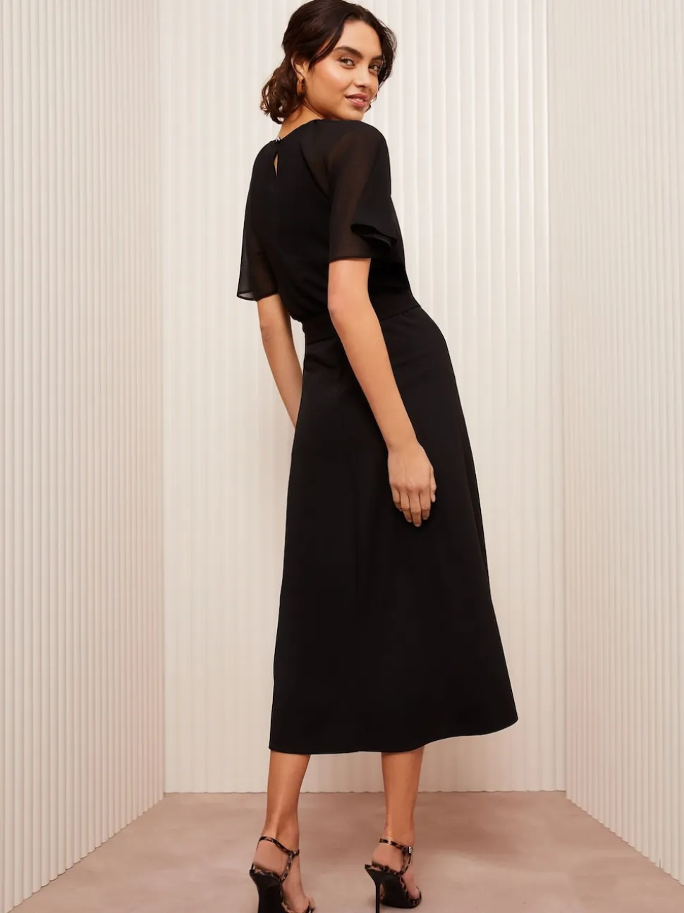 Friends Like These Black Scuba Chiffon Flutter Sleeve Midi Dress