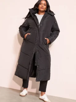 Friends Like These Black Curve Long Line Hooded Padded Coat