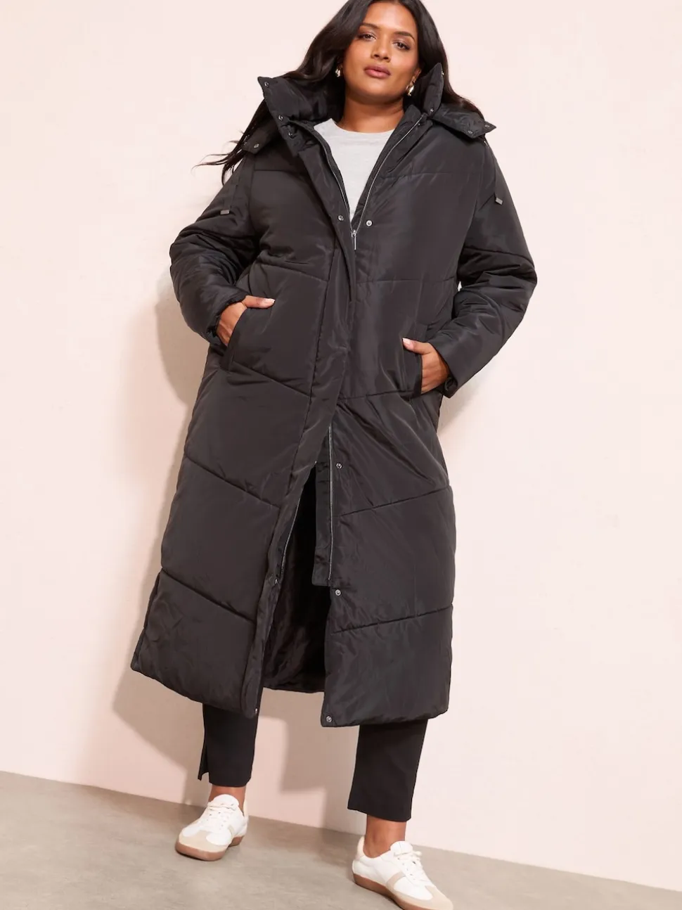 Friends Like These Black Curve Long Line Hooded Padded Coat