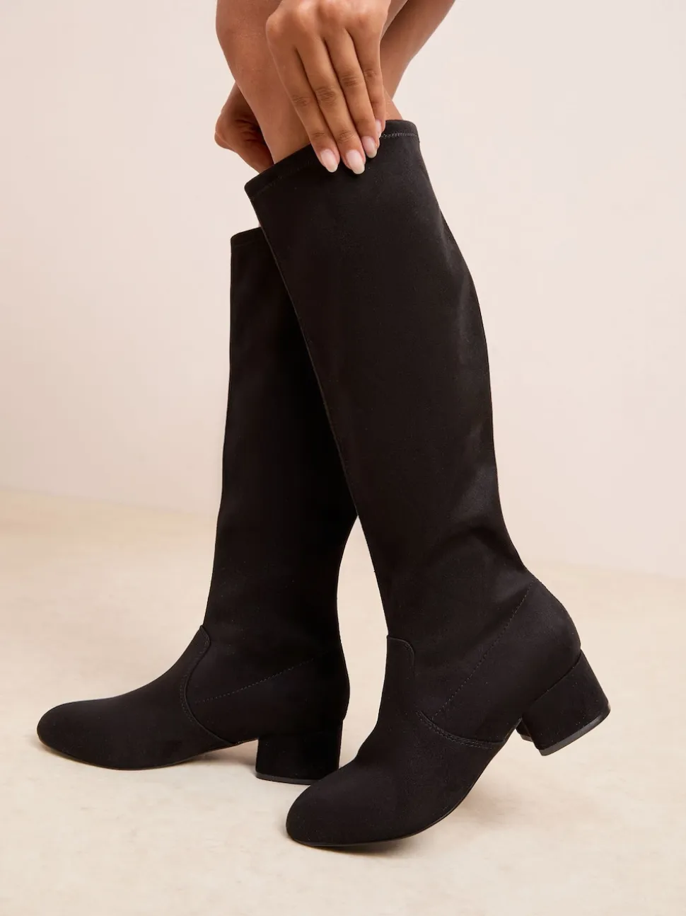 Friends Like These Black Wide Fit Low Block Heel Faux Suede Knee High Sock Boots